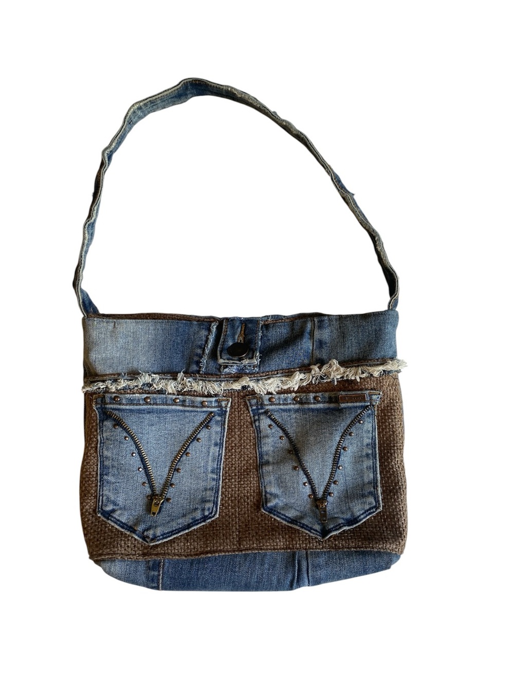 Upcycled Denim Burlap Shoulder Purse with Zipper and Stud Detail